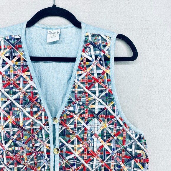 Vintage Cottagecore Vest Womens M Patchwork Denim Boho Costal Cowgirl Grandma - Picture 2 of 12